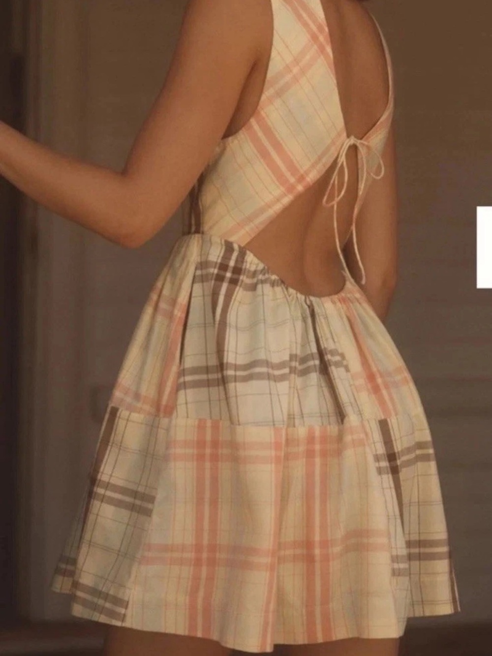 Anthropologie Open-Back Plaid Mini Dress in Cream, Peach, Brown